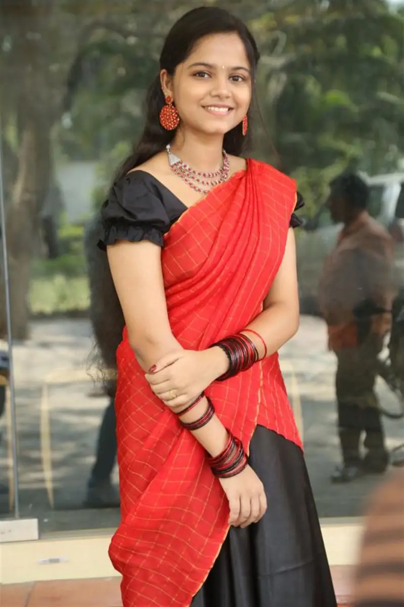 Telugu Girl Prarthana Sandeep In Red Saree Black Blouse